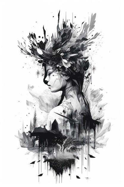 Un dessin en noir et blanc d'une femme avec une couronne sur la tête.