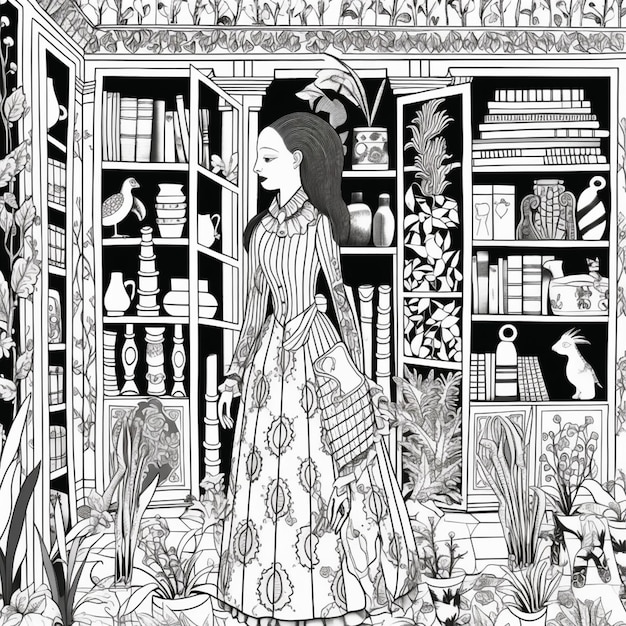 un dessin en noir et blanc d'une femme dans une pièce avec des livres génératifs ai