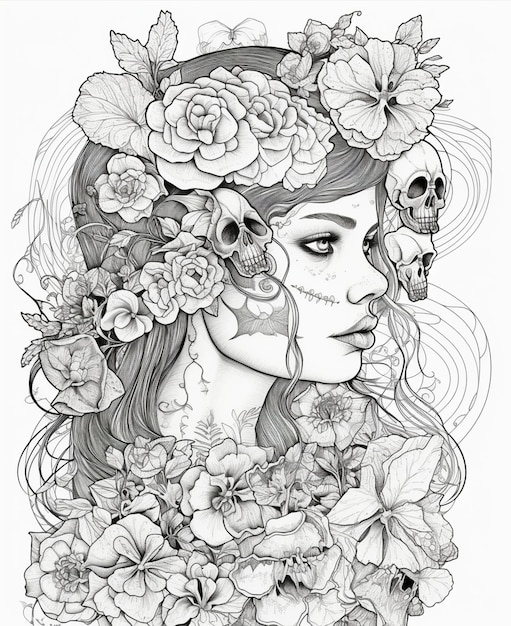 Un dessin en noir et blanc d'une femme avec des fleurs autour de sa tête.