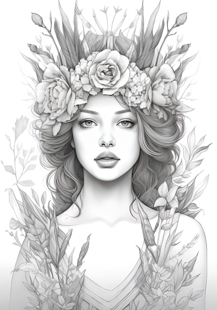 un dessin en noir et blanc d'une femme avec des fleurs dans les cheveux.