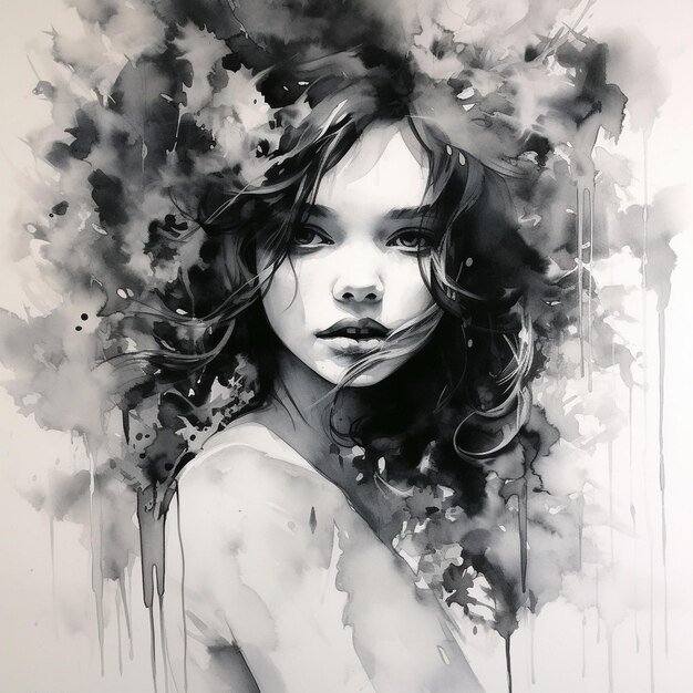 un dessin en noir et blanc d'une femme avec des fleurs dans les cheveux.