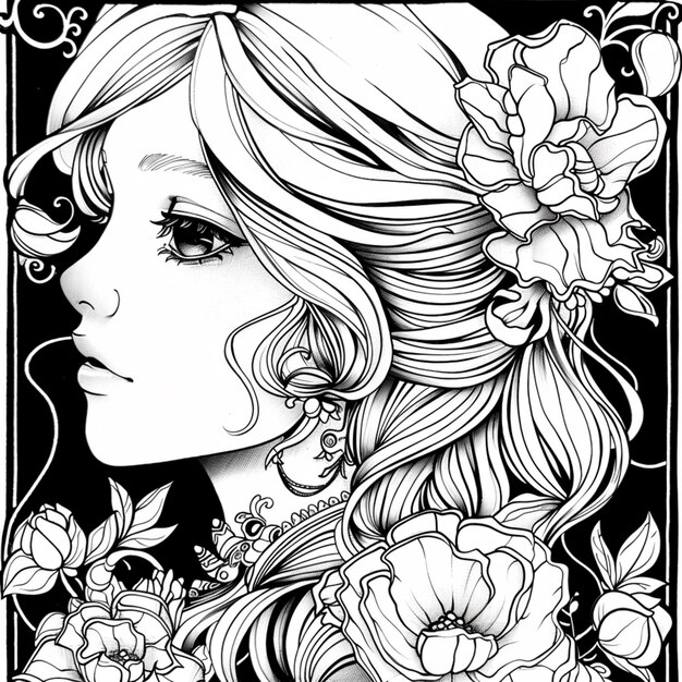 un dessin en noir et blanc d'une femme avec des fleurs dans ses cheveux