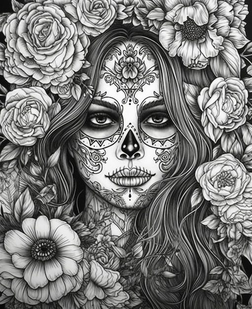 Un dessin en noir et blanc d'une femme avec des fleurs et les mots jour des morts dessus.