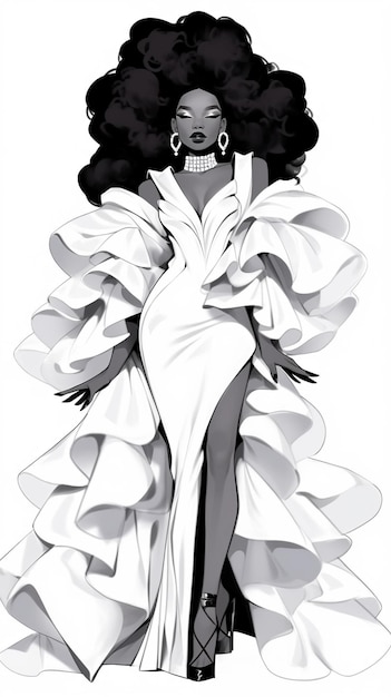 un dessin en noir et blanc d'une femme avec une grande IA générative afro