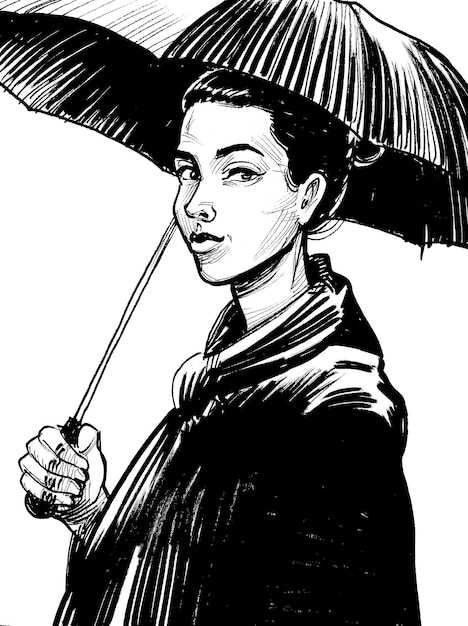 Dessin en noir et blanc d'une femme tenant un parapluie.