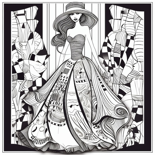 un dessin en noir et blanc d'une femme vêtue d'une robe et d'un chapeau ai génératif