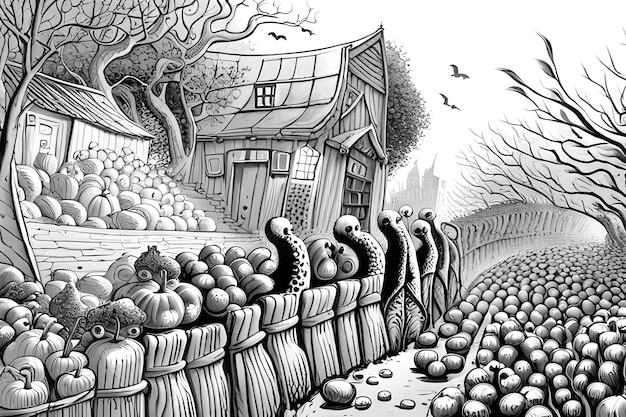 Photo un dessin en noir et blanc d'une ferme avec des fruits et légumes.