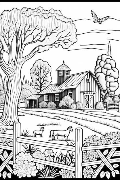 un dessin en noir et blanc d'une ferme avec une grange et un arbre génératif ai