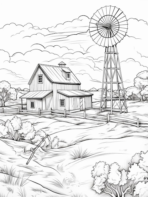 Photo un dessin en noir et blanc d'une ferme avec un moulin à vent génératif ai