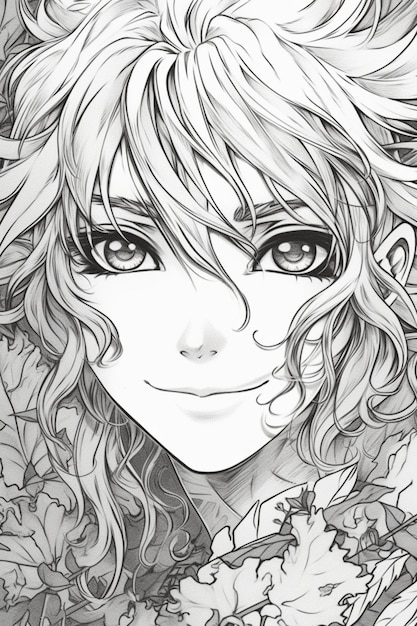 Un dessin en noir et blanc d'une fille aux cheveux longs et un sourire