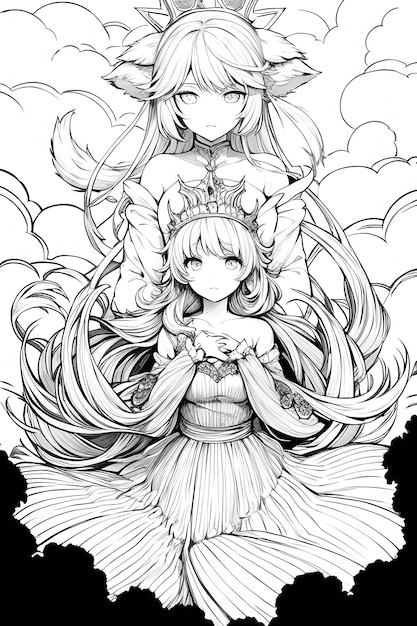 Un dessin en noir et blanc d'une fille avec une couronne sur la tête.