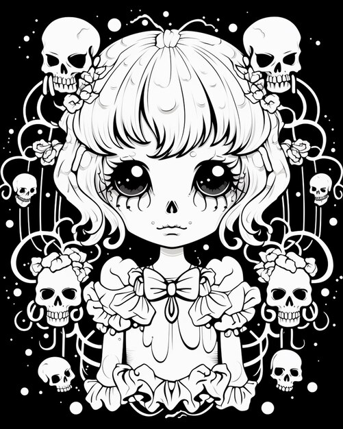 un dessin en noir et blanc d'une fille avec des crânes autour de son ai génératif