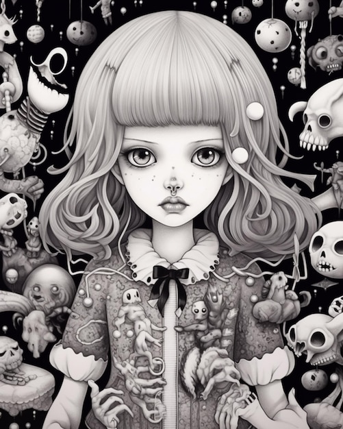 Un dessin noir et blanc d'une fille entourée de crânes générative ai