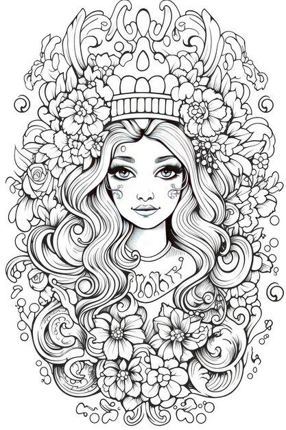 Un dessin en noir et blanc d'une fille avec des fleurs sur la tête.