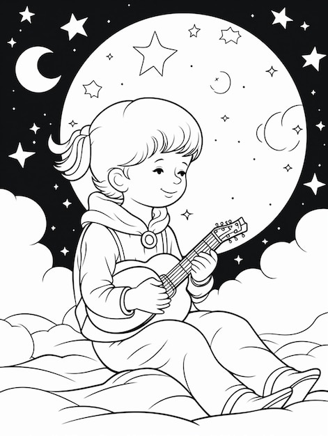 un dessin en noir et blanc d'une fille jouant de la guitare IA générative