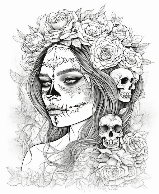 Un dessin en noir et blanc d'une fille avec des roses sur la tête.