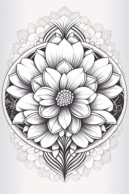 un dessin en noir et blanc d'une fleur avec un design circulaire génératif ai