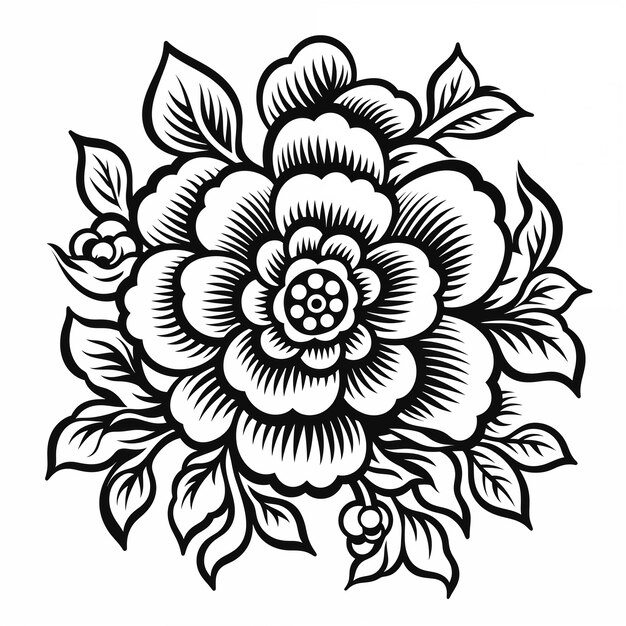 un dessin en noir et blanc d'une fleur avec des feuilles ai générative