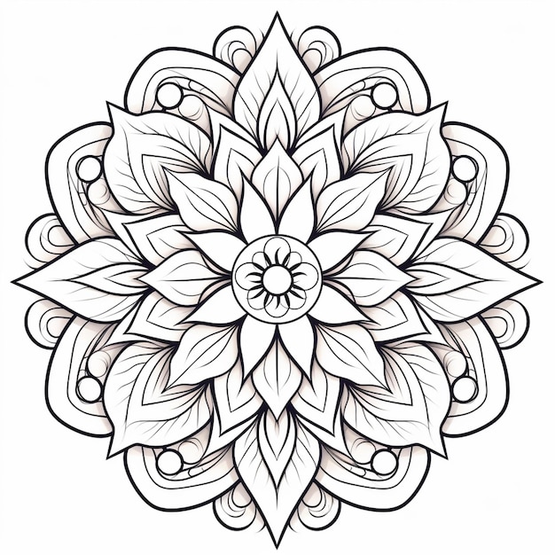 un dessin en noir et blanc d'une fleur avec des feuilles ai générative