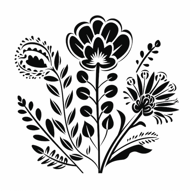 un dessin en noir et blanc d'une fleur avec des feuilles et des fleurs ai générative