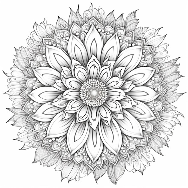 un dessin en noir et blanc d'une fleur avec des feuilles génératives ai