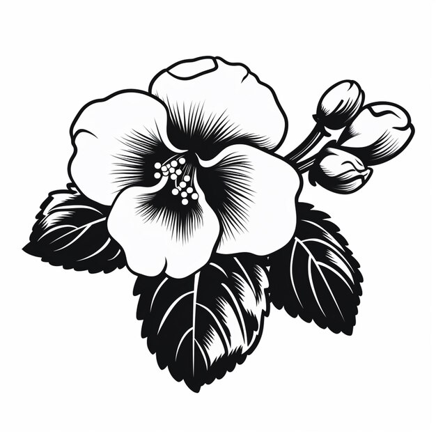 un dessin en noir et blanc d'une fleur avec des feuilles génératives ai