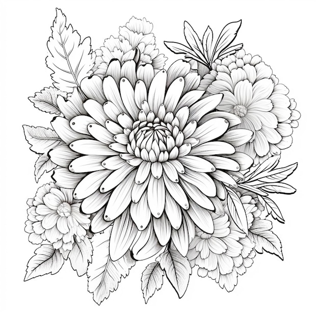 un dessin en noir et blanc d'une fleur avec des feuilles génératives ai