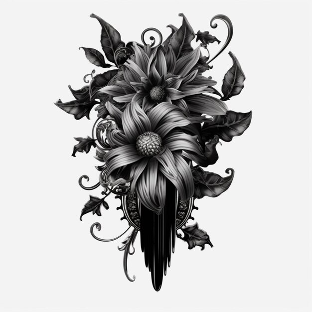 Photo un dessin en noir et blanc d'une fleur avec des feuilles génératives ai