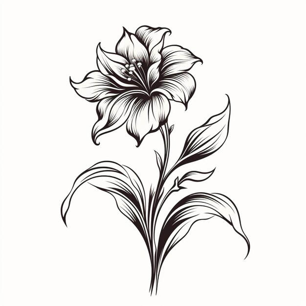 un dessin en noir et blanc d'une fleur avec des feuilles génératives ai