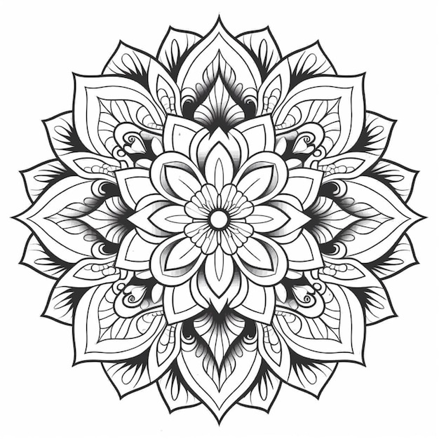 un dessin en noir et blanc d'une fleur avec des feuilles génératives ai