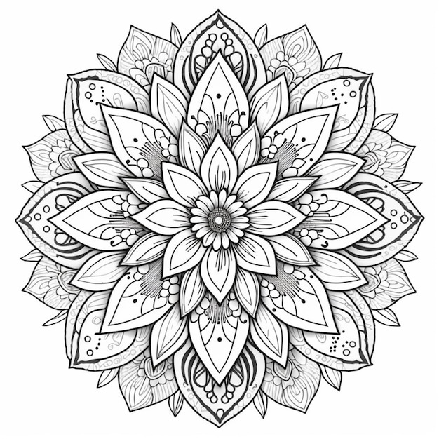 un dessin en noir et blanc d'une fleur avec des feuilles génératives ai