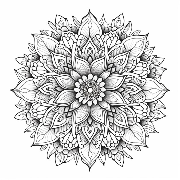 Un dessin en noir et blanc d'une fleur avec des feuilles génératives ai