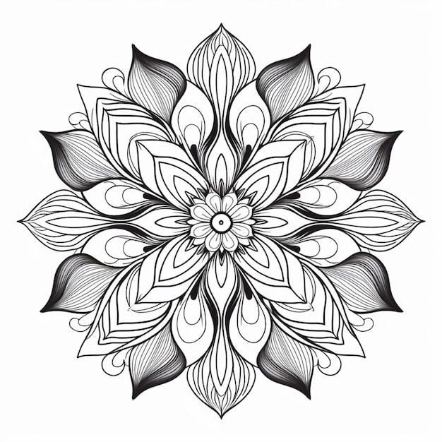 Un dessin en noir et blanc d'une fleur avec des feuilles génératives ai