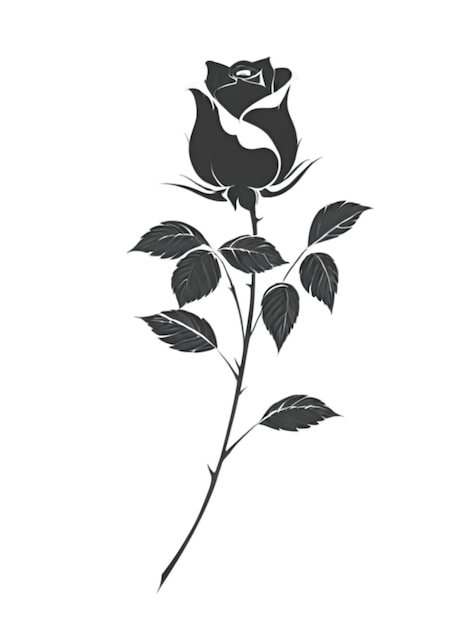 un dessin en noir et blanc d'une fleur avec des feuilles et un oiseau dessus