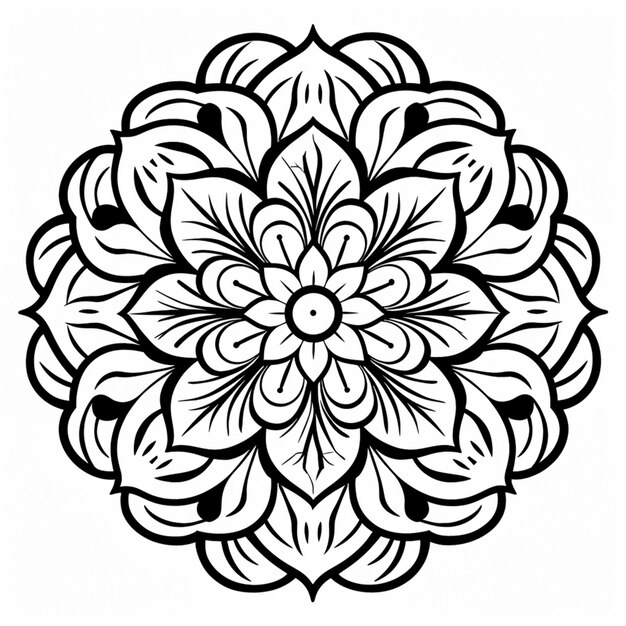 un dessin en noir et blanc d'une fleur avec un grand centre ai génératif