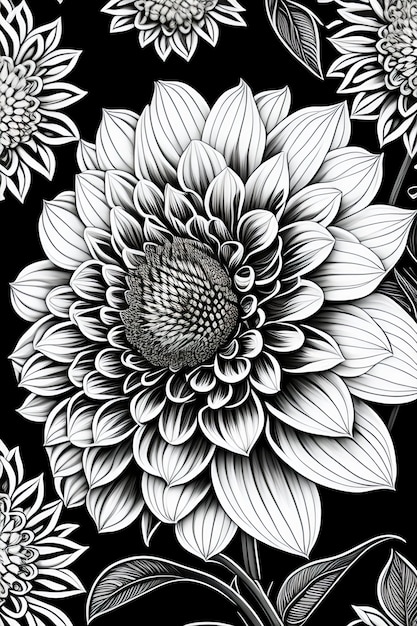 Un dessin en noir et blanc d'une fleur avec une grande fleur dessus.