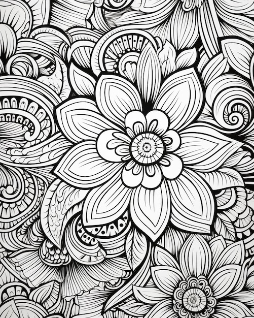 un dessin en noir et blanc d'une fleur avec de nombreux motifs différents ai générative