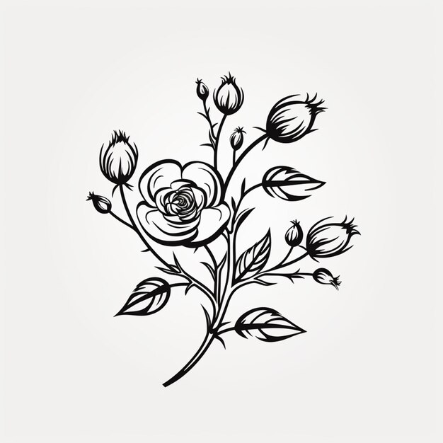 un dessin en noir et blanc d'une fleur rose avec des feuilles ai générative