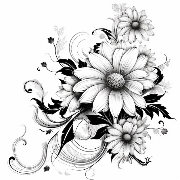 Un dessin noir et blanc d'une fleur avec des tourbillons ai génératif