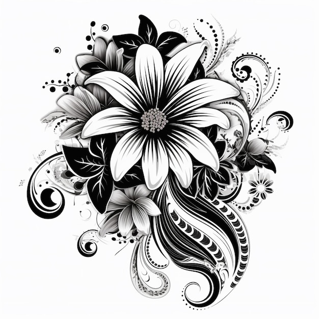 Un dessin noir et blanc d'une fleur avec des tourbillons ai génératif