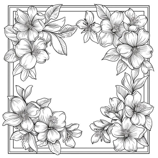 Photo un dessin en noir et blanc de fleurs dans un cadre carré génératif ai