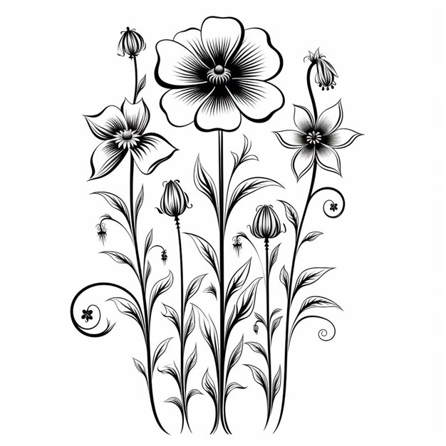 un dessin en noir et blanc de fleurs avec des feuilles et des fleurs génératives ai