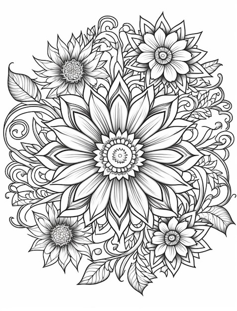 Un dessin noir et blanc de fleurs avec des feuilles et des fleurs.