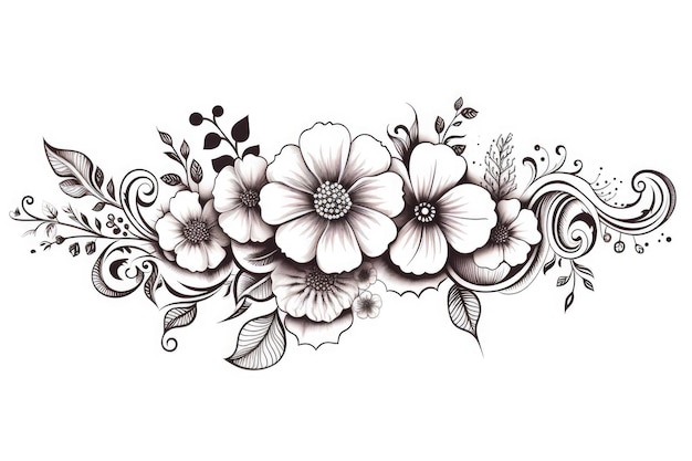 un dessin en noir et blanc de fleurs et de feuilles.