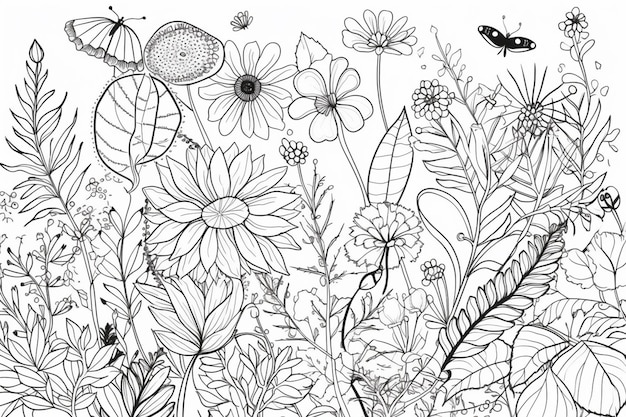 Un dessin noir et blanc de fleurs et de papillons.