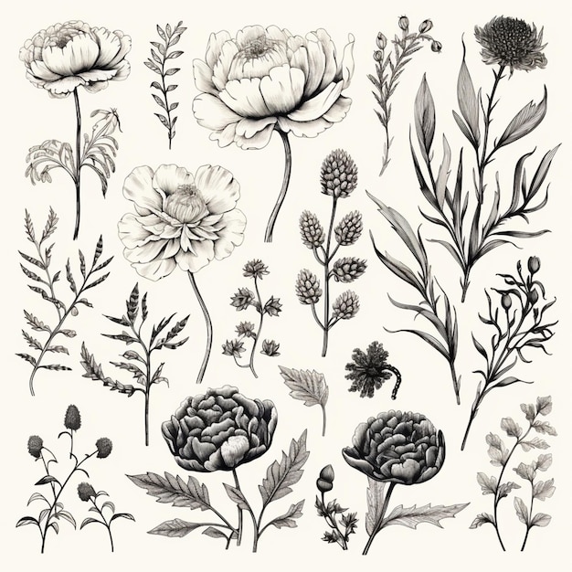 un dessin en noir et blanc de fleurs et de plantes sur un fond blanc