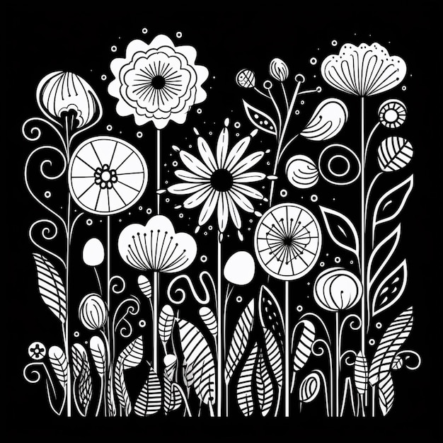 un dessin en noir et blanc de fleurs et de plantes sur un fond noir