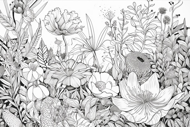 Un dessin noir et blanc de fleurs et de plantes.