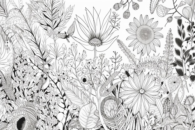 Un dessin noir et blanc de fleurs et de plantes.