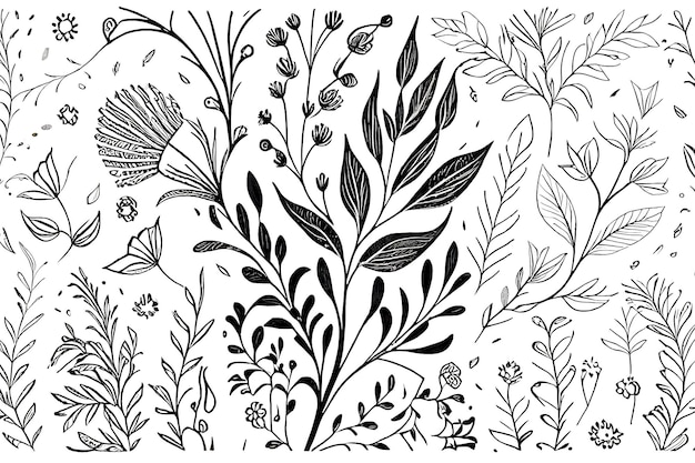 Un dessin noir et blanc de fleurs et de plantes.